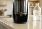 Une cafetière Dolce Gusto sur un comptoir à côté d'une bouteille de vinaigre ménager.