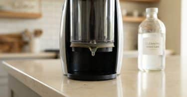 Une cafetière Dolce Gusto sur un comptoir à côté d'une bouteille de vinaigre ménager.