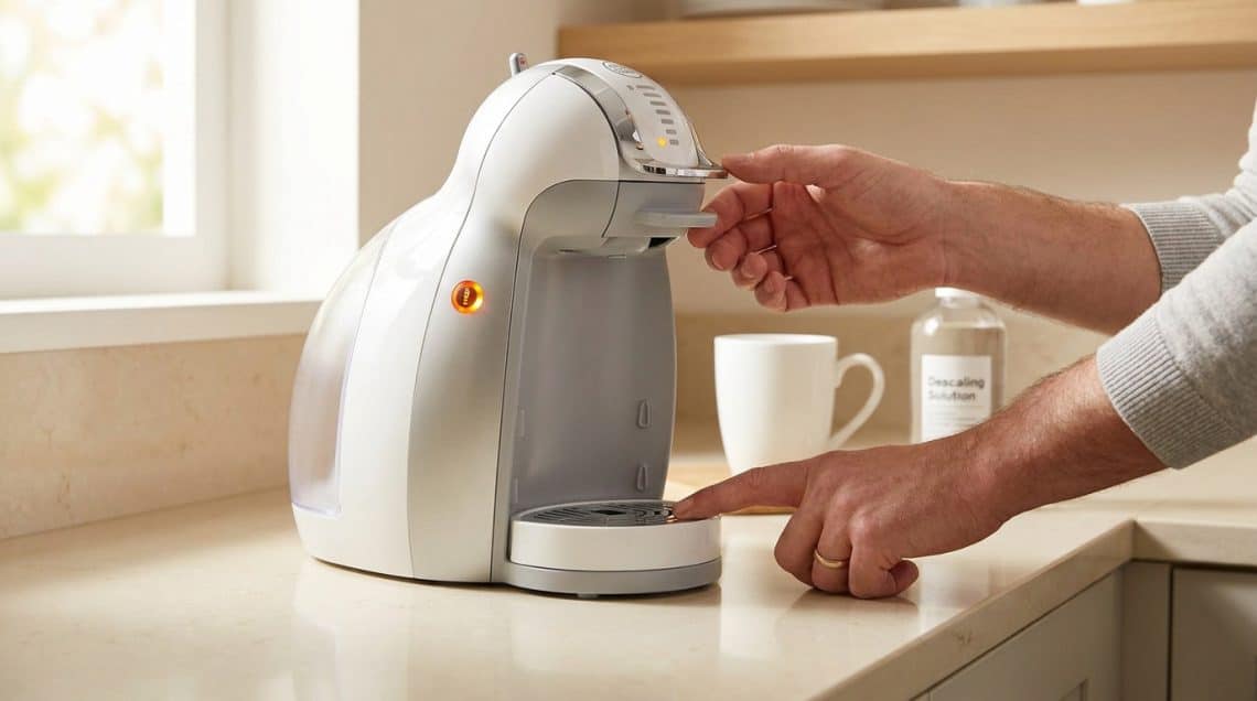 Une personne effectue le d&eacute;tartrage d'une machine &agrave; caf&eacute; Dolce Gusto blanche affichant un voyant orange.