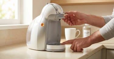 Une personne effectue le détartrage d'une machine à café Dolce Gusto blanche affichant un voyant orange.