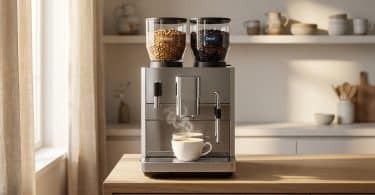 Machine à café moderne en inox avec deux bacs à grains distincts, remplis de café Arabica et décaféiné, sur un comptoir.