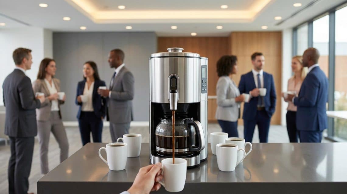 Percolateur &agrave; caf&eacute; professionnel remplissant une tasse blanche devant des coll&egrave;gues en tenue de travail dans un bureau.
