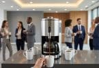 Percolateur à café professionnel remplissant une tasse blanche devant des collègues en tenue de travail dans un bureau.