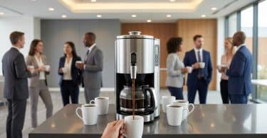 Percolateur à café professionnel remplissant une tasse blanche devant des collègues en tenue de travail dans un bureau.