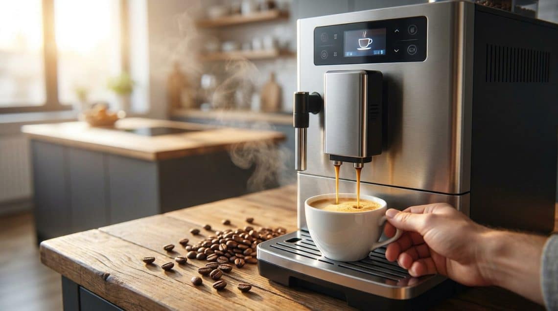 Machine à café expresso automatique en inox remplissant une tasse blanche avec des grains de café sur la table.