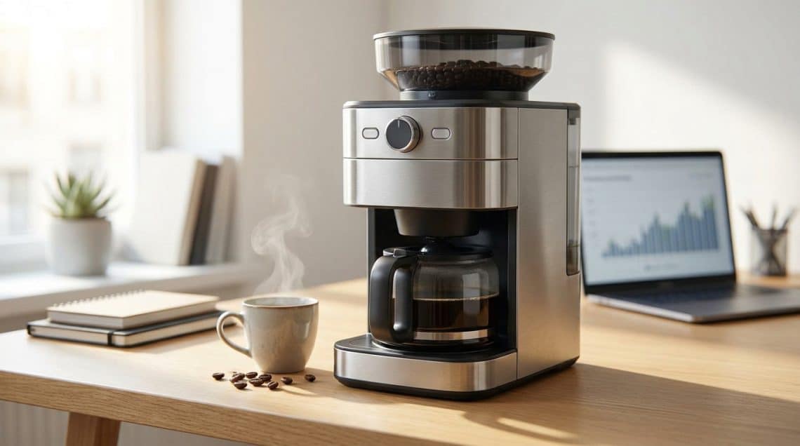 Machine &agrave; caf&eacute; moderne avec broyeur &agrave; grains sur un bureau &agrave; c&ocirc;t&eacute; d'un ordinateur et d'une tasse fumante.