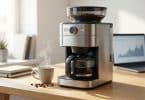 Machine à café moderne avec broyeur à grains sur un bureau à côté d'un ordinateur et d'une tasse fumante.