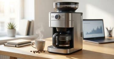Machine à café moderne avec broyeur à grains sur un bureau à côté d'un ordinateur et d'une tasse fumante.