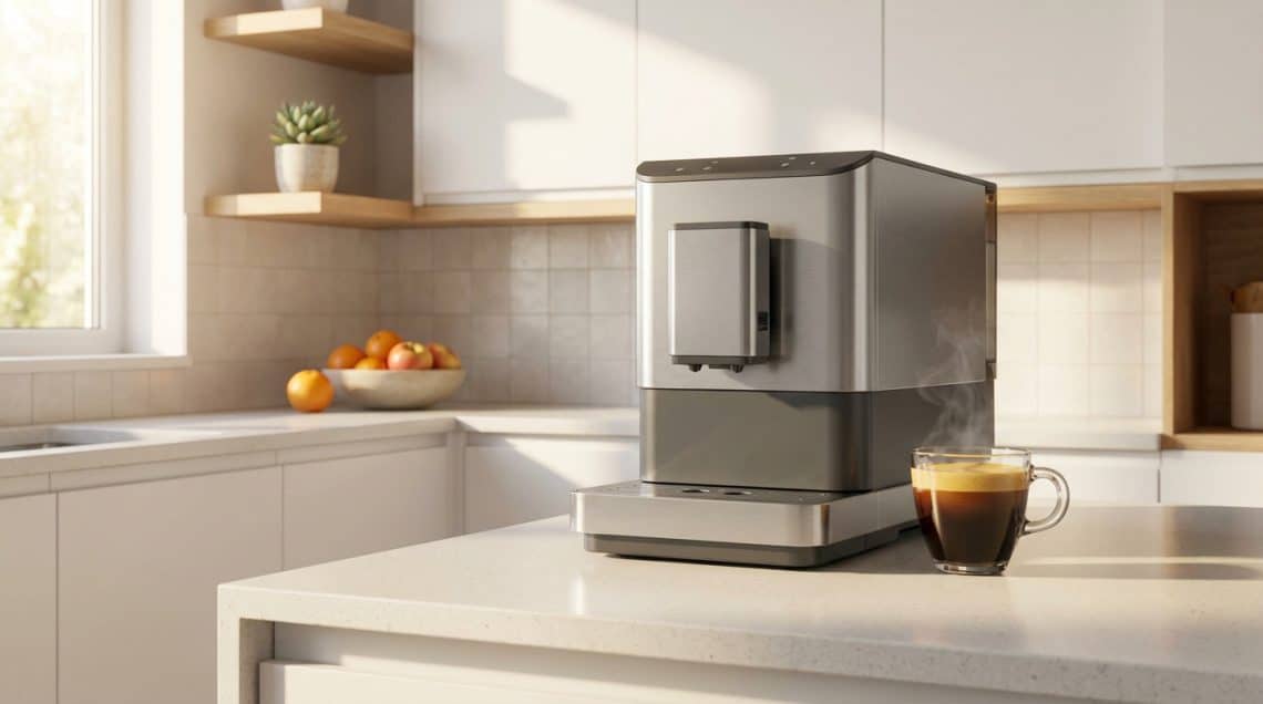 Machine &agrave; caf&eacute; automatique &eacute;l&eacute;gante en acier inoxydable pos&eacute;e sur un plan de travail dans une cuisine lumineuse.