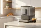 Machine à café automatique élégante en acier inoxydable posée sur un plan de travail dans une cuisine lumineuse.