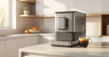 Machine à café automatique élégante en acier inoxydable posée sur un plan de travail dans une cuisine lumineuse.