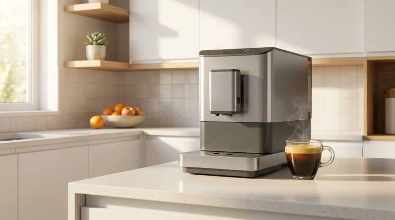 Machine à café automatique élégante en acier inoxydable posée sur un plan de travail dans une cuisine lumineuse.