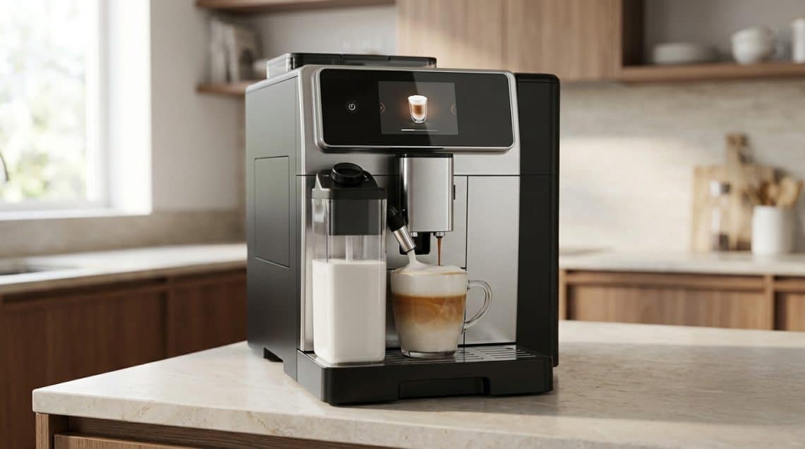 Machine &agrave; caf&eacute; expresso Philips LatteGo 5400 pr&eacute;parant un latte dans une cuisine moderne.