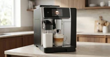 Machine à café expresso Philips LatteGo 5400 préparant un latte dans une cuisine moderne.