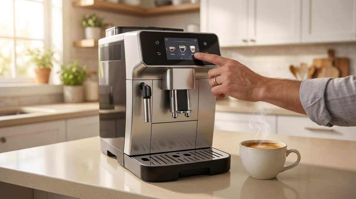 Une main s&eacute;lectionne une boisson sur l'&eacute;cran tactile de la machine &agrave; expresso De'Longhi Magnifica Evo dans une cuisine.