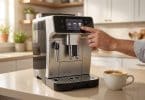 Une main sélectionne une boisson sur l'écran tactile de la machine à expresso De'Longhi Magnifica Evo dans une cuisine.