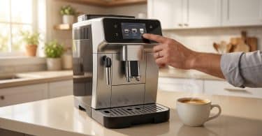 Une main sélectionne une boisson sur l'écran tactile de la machine à expresso De'Longhi Magnifica Evo dans une cuisine.