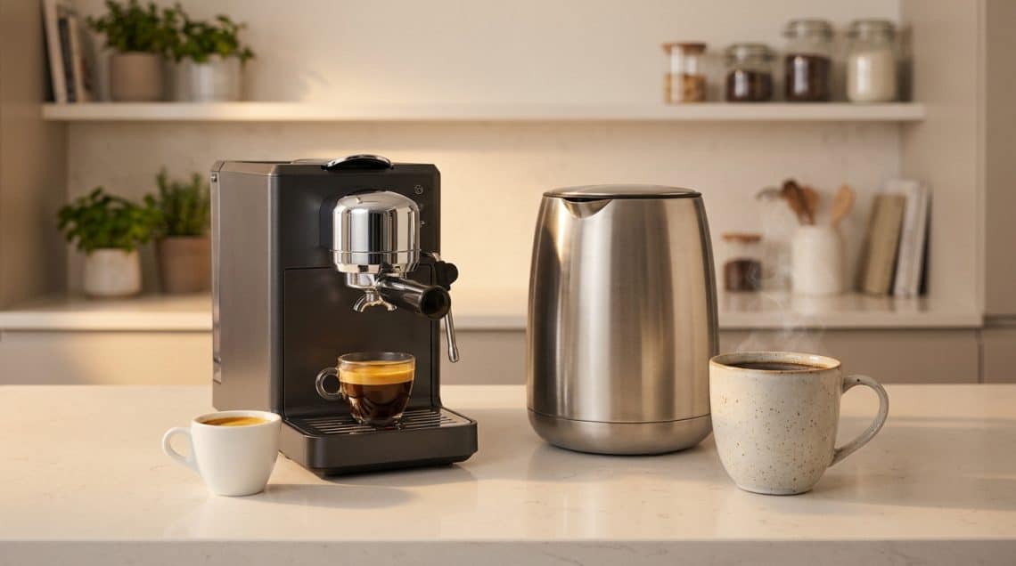 Une machine à café expresso noire à côté d'une bouilloire en acier inoxydable et deux tasses sur un comptoir de cuisine.