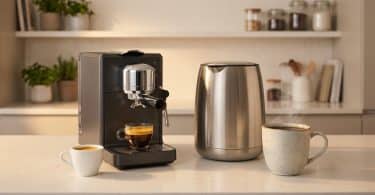 Une machine à café expresso noire à côté d'une bouilloire en acier inoxydable et deux tasses sur un comptoir de cuisine.