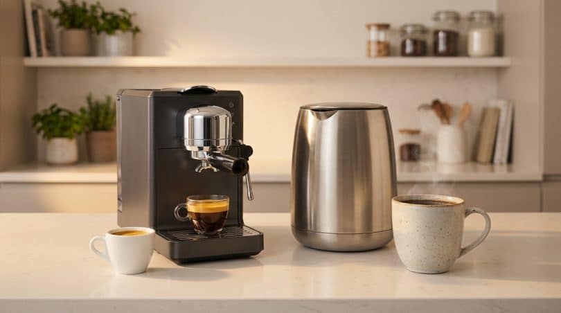 Une machine à café expresso noire à côté d'une bouilloire en acier inoxydable et deux tasses sur un comptoir de cuisine.
