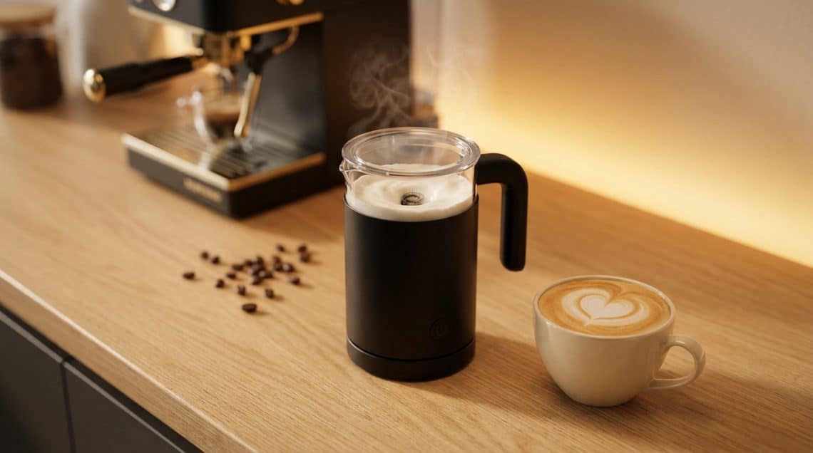 Un mousseur à lait noir électrique en action avec du lait chaud, à côté d'une tasse de cappuccino et d'une machine à café.