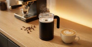 Un mousseur à lait noir électrique en action avec du lait chaud, à côté d'une tasse de cappuccino et d'une machine à café.