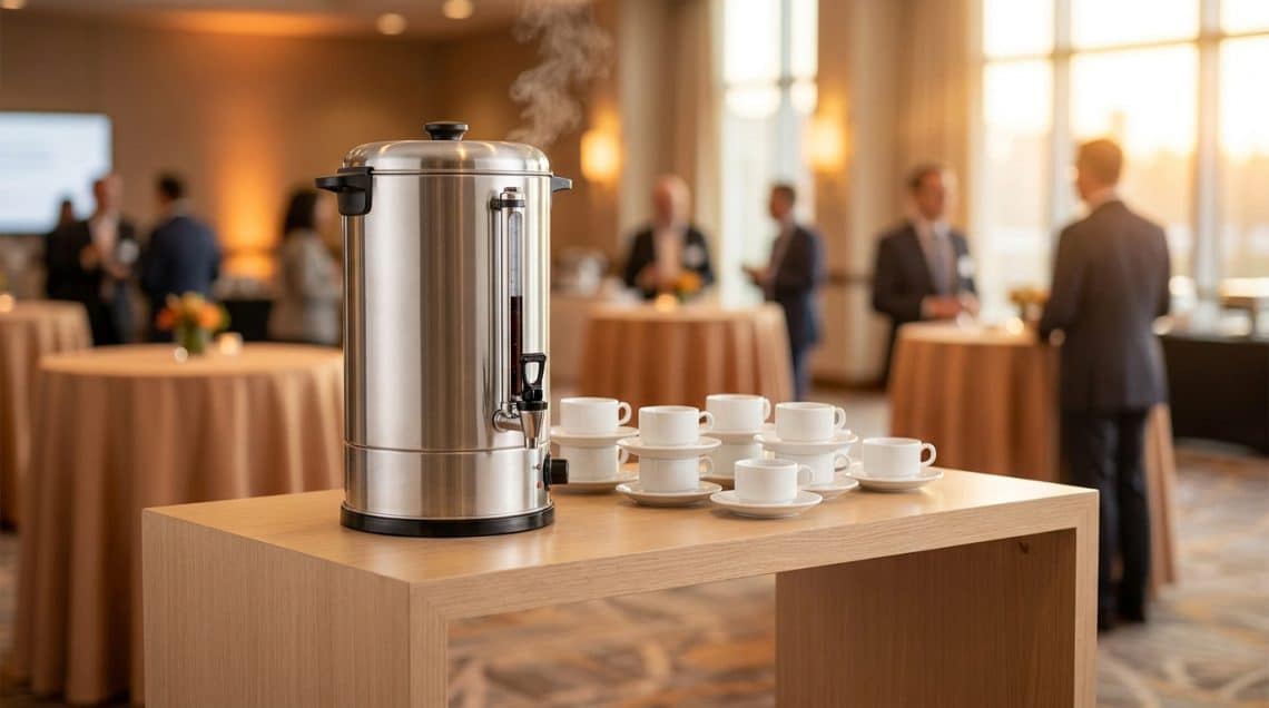 Percolateur inox fumant sur une table avec des tasses dans une salle de conf&eacute;rence lumineuse.