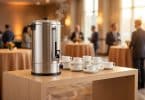 Percolateur inox fumant sur une table avec des tasses dans une salle de conférence lumineuse.