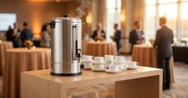 Percolateur inox fumant sur une table avec des tasses dans une salle de conférence lumineuse.