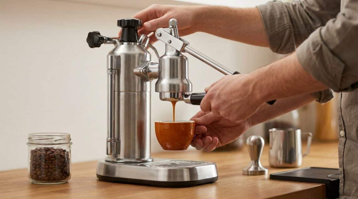 Mains utilisant une machine &agrave; expresso manuelle en acier inoxydable pour verser un caf&eacute; dans une tasse orange.