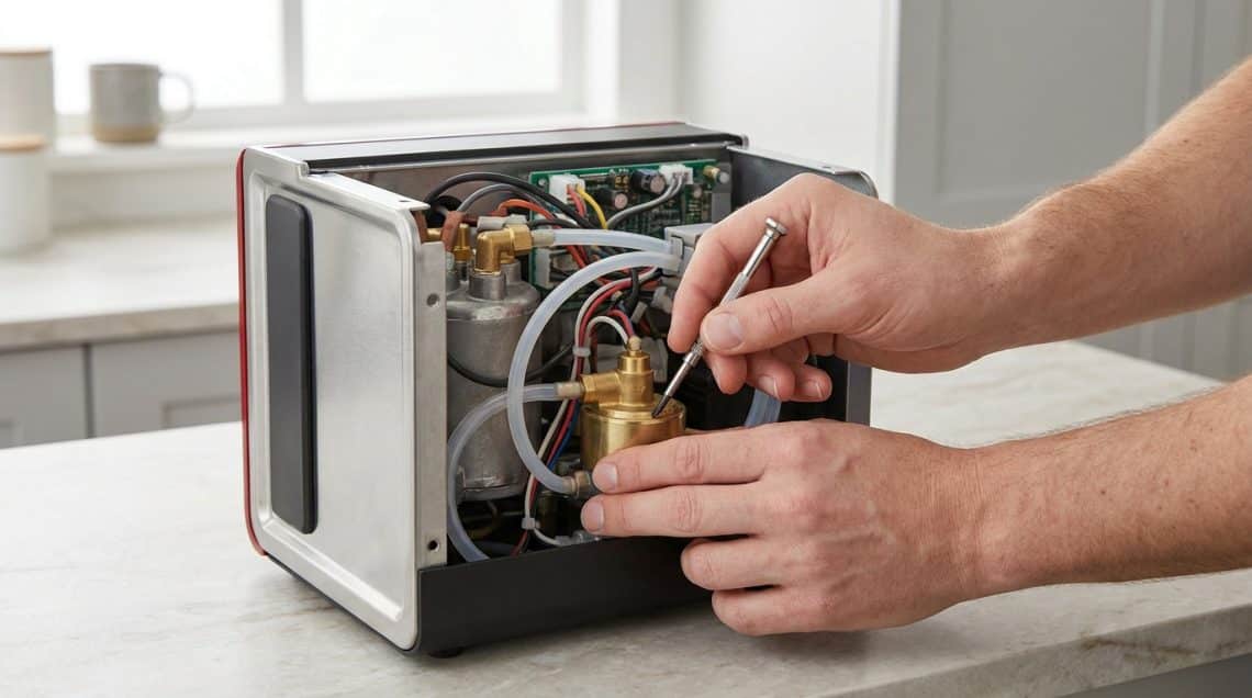 Mains utilisant un tournevis de pr&eacute;cision pour r&eacute;parer la pompe interne d'une machine &agrave; caf&eacute; Nespresso Pixie d&eacute;mont&eacute;e.