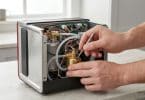 Mains utilisant un tournevis de précision pour réparer la pompe interne d'une machine à café Nespresso Pixie démontée.