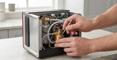 Mains utilisant un tournevis de précision pour réparer la pompe interne d'une machine à café Nespresso Pixie démontée.