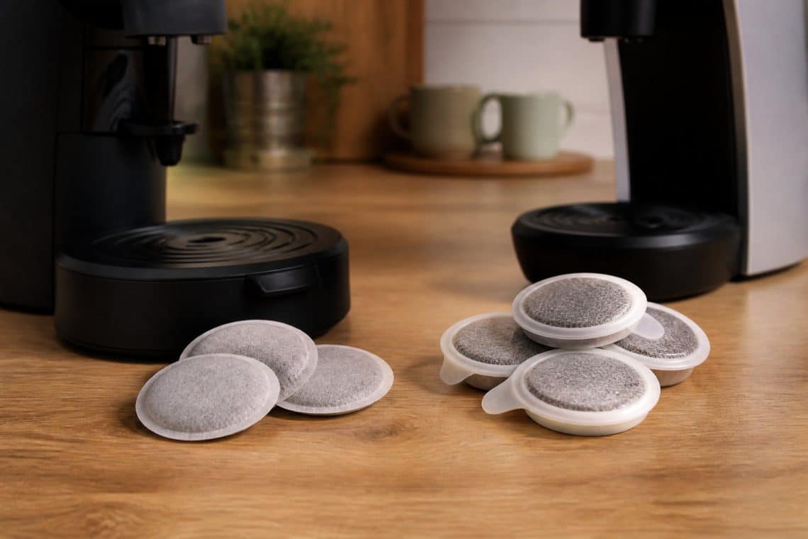 Deux machines &agrave; caf&eacute; sur un plan de travail avec des dosettes souples &agrave; gauche et des capsules en plastique &agrave; droite.