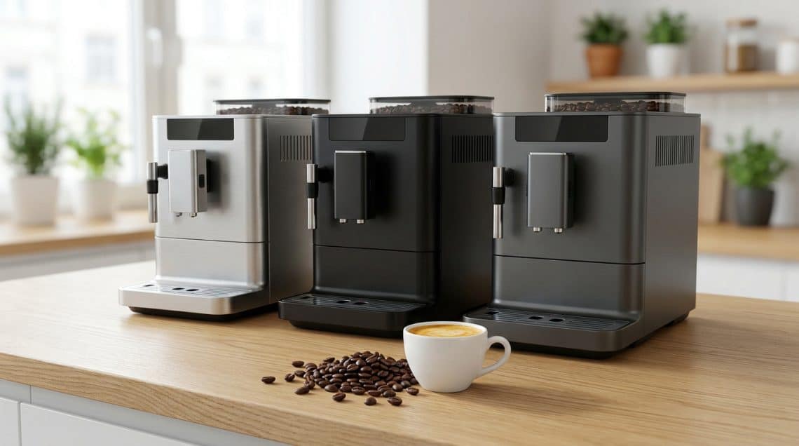 Trois machines à café à grain de couleurs différentes alignées sur un plan de travail en bois avec une tasse de café.