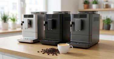 Trois machines à café à grain de couleurs différentes alignées sur un plan de travail en bois avec une tasse de café.