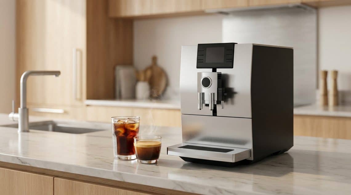 Machine à café Jura automatique en inox sur un comptoir de cuisine moderne avec un café chaud et un café glacé.
