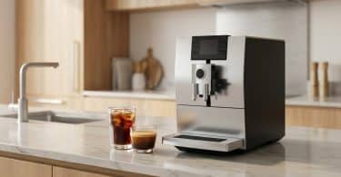 Machine à café Jura automatique en inox sur un comptoir de cuisine moderne avec un café chaud et un café glacé.