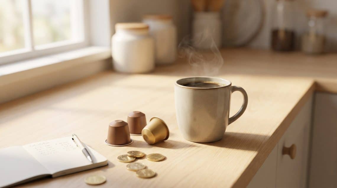 Tasse de caf&eacute; fumante, capsules Nespresso, pi&egrave;ces de monnaie et carnet de notes sur un comptoir en bois ensoleill&eacute;.