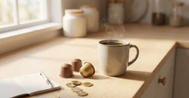 Tasse de café fumante, capsules Nespresso, pièces de monnaie et carnet de notes sur un comptoir en bois ensoleillé.