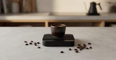 Une petite tasse à expresso en céramique posée sur une balance électronique noire, entourée de grains de café.