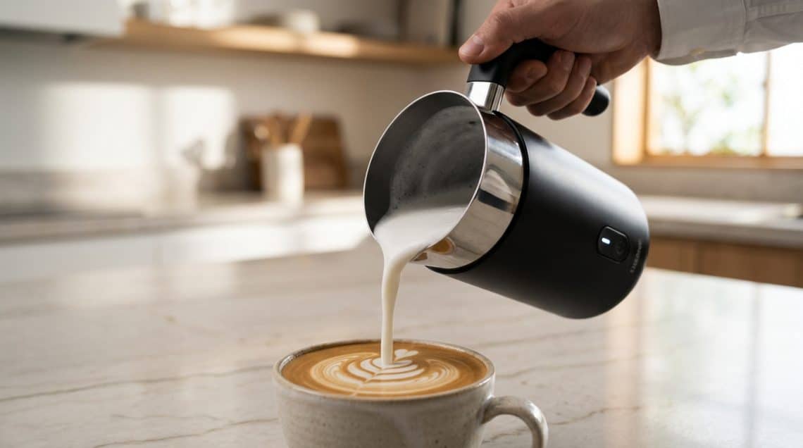 Une main verse une mousse de lait onctueuse d'un mousseur électrique noir dans une tasse de café avec un latte art.