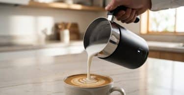 Une main verse une mousse de lait onctueuse d'un mousseur électrique noir dans une tasse de café avec un latte art.