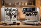 Deux machines à espresso en acier inoxydable posées sur un plan de travail en bois avec des grains de café.