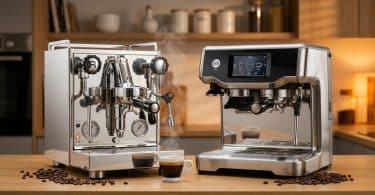 Deux machines à espresso en acier inoxydable posées sur un plan de travail en bois avec des grains de café.