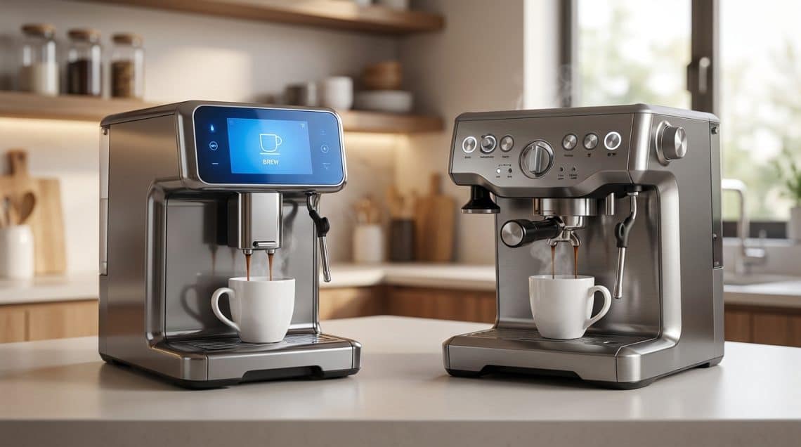 Deux machines à café automatiques De'Longhi côte à côte sur un comptoir de cuisine en train de préparer du café.