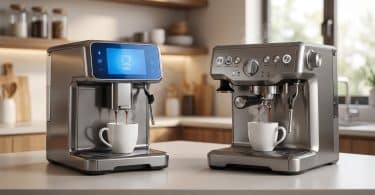 Deux machines à café automatiques De'Longhi côte à côte sur un comptoir de cuisine en train de préparer du café.