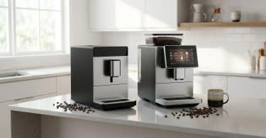 Deux machines à café Melitta modernes posées sur un comptoir de cuisine lumineux avec des grains de café éparpillés.