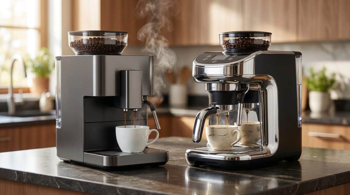 Deux machines &agrave; caf&eacute; &agrave; grain pos&eacute;es sur un comptoir de cuisine, versant du caf&eacute; chaud dans des tasses.