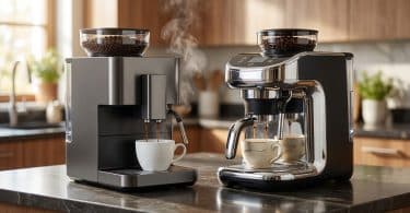 Deux machines à café à grain posées sur un comptoir de cuisine, versant du café chaud dans des tasses.